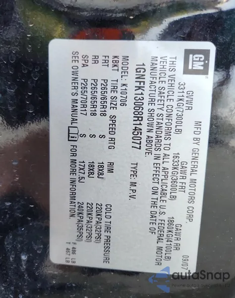 2008 Chevrolet Tahoe K1500 from USA, damaged, VIN 1GNFK13068R145077